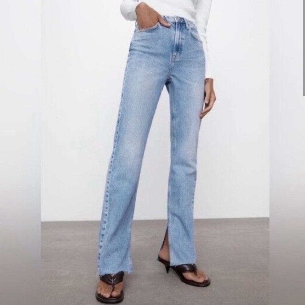 Zara high waisted, medium wash split hem flare jeans